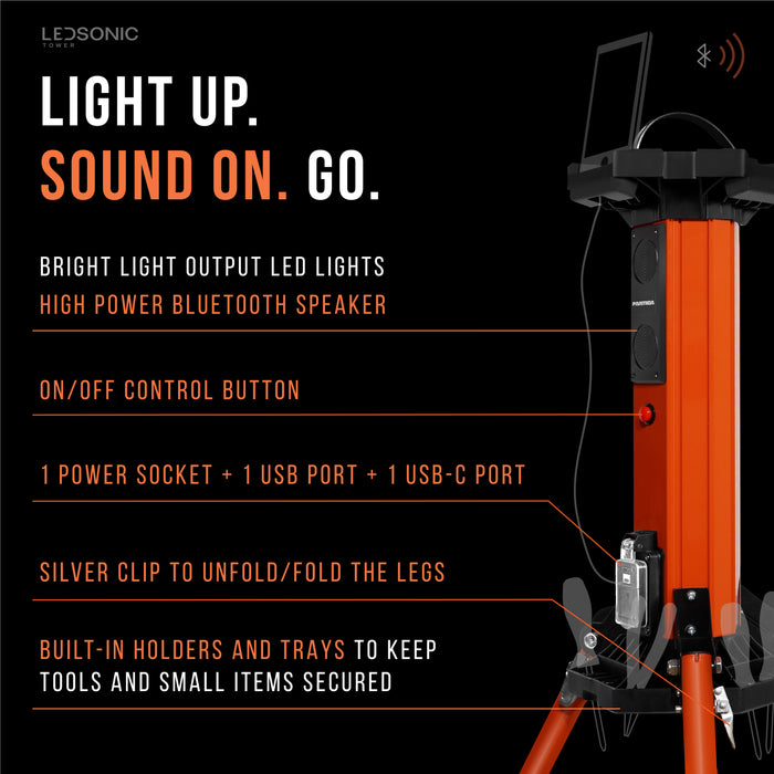 LEDSONIC Tower Light with Bluetooth Speaker - 5000 Lumens