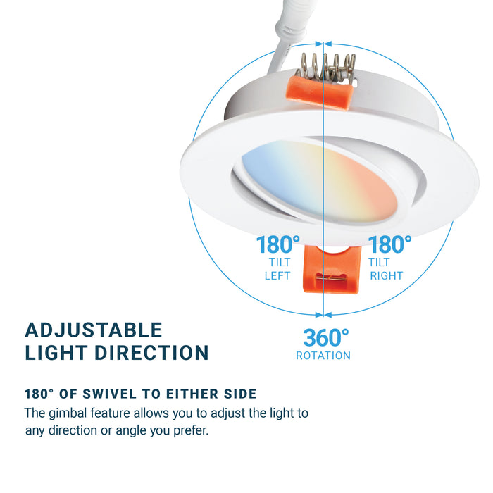 YUURTA 3-Inch 6W Adjustable Gimbal LED Recessed Light – 120V 500lm Dimmable, Wet Rated, ETL Listed, 5CCT Selectable (2700K–5000K), 10-Pack White