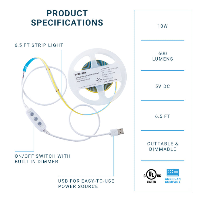 6FT - USB Powered - 5V LED COB Strip Light Kit - Cuttable - Dimmer Swi —  Parmida LED Technologies